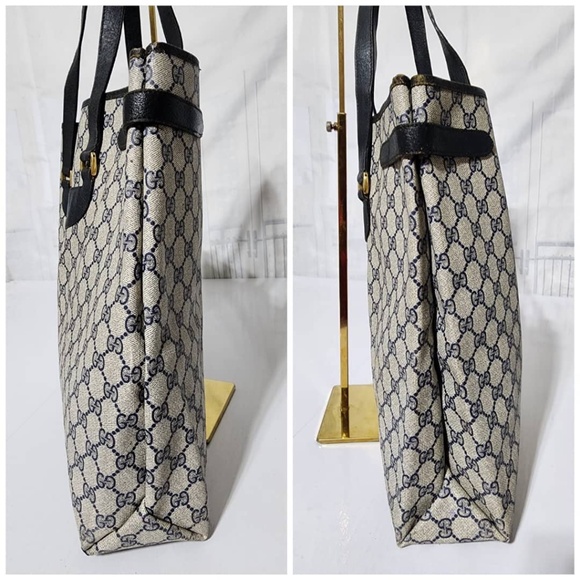 Authentic GUCCI Vintage GG Canvas Tote Bag PVC Leather Navy Blue/Grey - Picture 5 of 14